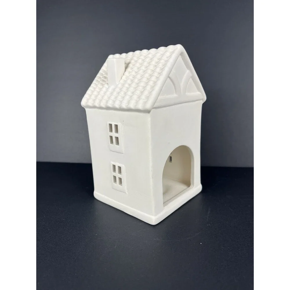 Crate & Barrel White Ceramic Two Story Village House Luminary Curved‎ Roof